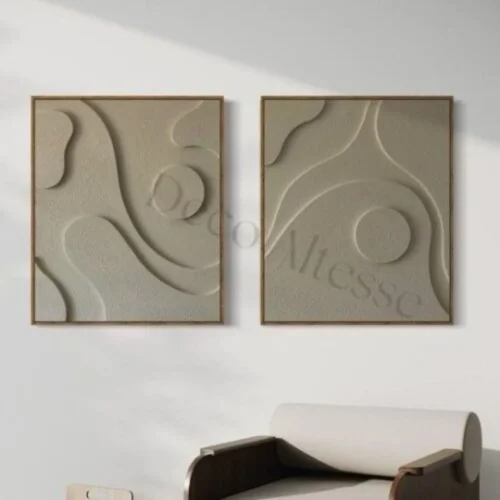 Pack 2 tableaux 3D minimalistes aux lignes épuréesé, dans des tons neutres, apportant une touche moderne et élégante à tout intérieur contemporain.