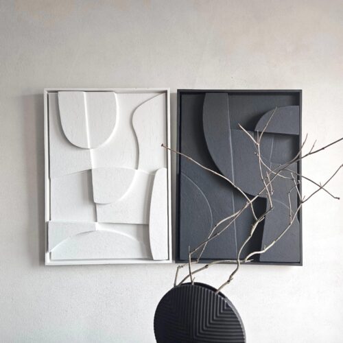 Pack 2 tableaux abstraits 3D minimalistes noir et blanc en relief fait main parfaits pour un salon ou bureau.