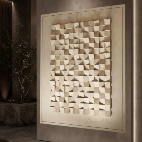 Tableau 3D fait main authentique accroché à un mur dans un entre moderne.
