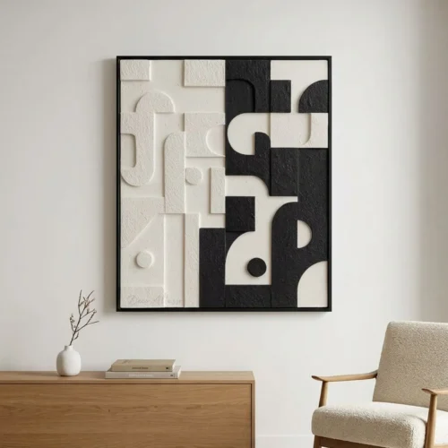 Tableau mural texturé graphique 3D design contemporain, en couleur noir et blanc