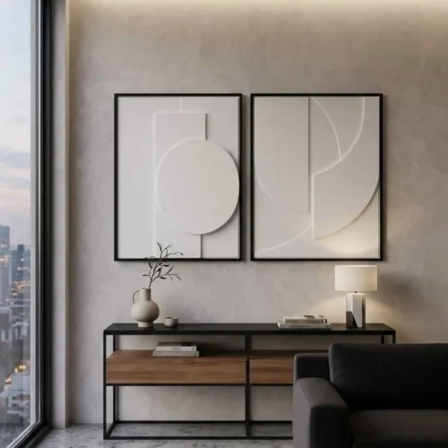 Pack 2 tableaux abstraits 3D art contemporain au-dessus d’un buffet dans le salon. Décoration murale moderne faite main.