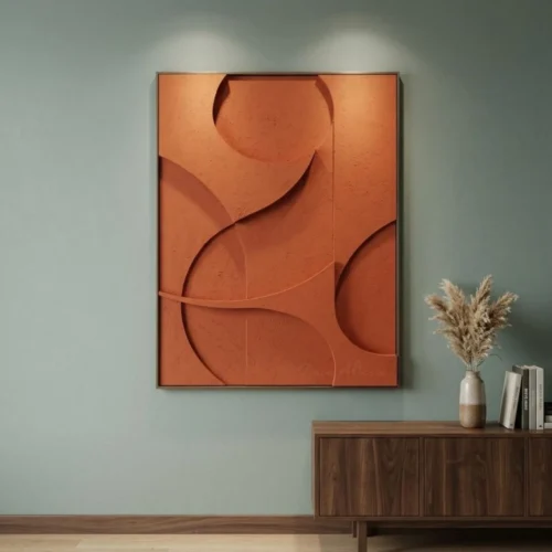 Tableau texturé 3D terracotta, affichant des formes géométriques incurvées superposées et une texture granuleuse distincte.