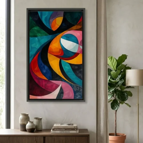 Tableau abstrait symphonie chromatique imprimé sur toile dans une entrée contemporaine.
